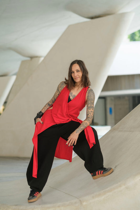 Women's Crossed V-Neck Cotton Lycra Top Fire Red