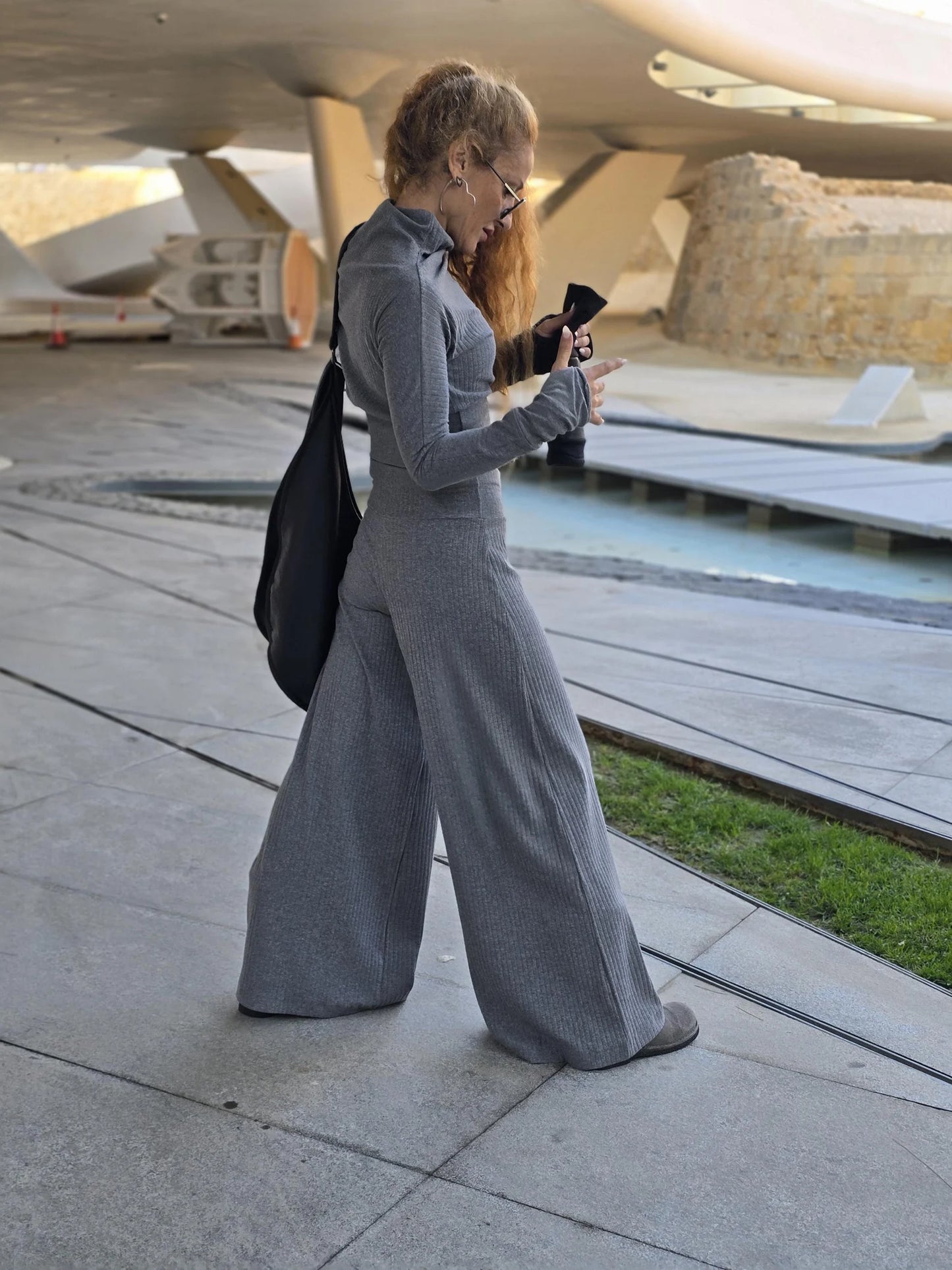 Gray Plain Stretchy High Waist Pants