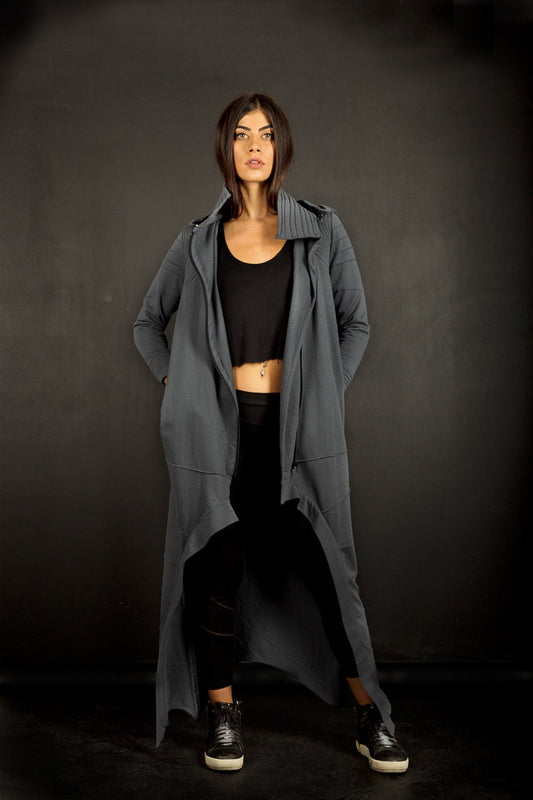 Cyberpunk Long Asymmetric Coat With Hood And Thumb Holes