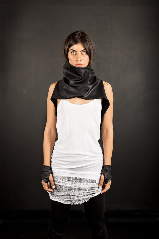 Women's Sleeveless Black Faux Leather High Collar Vest