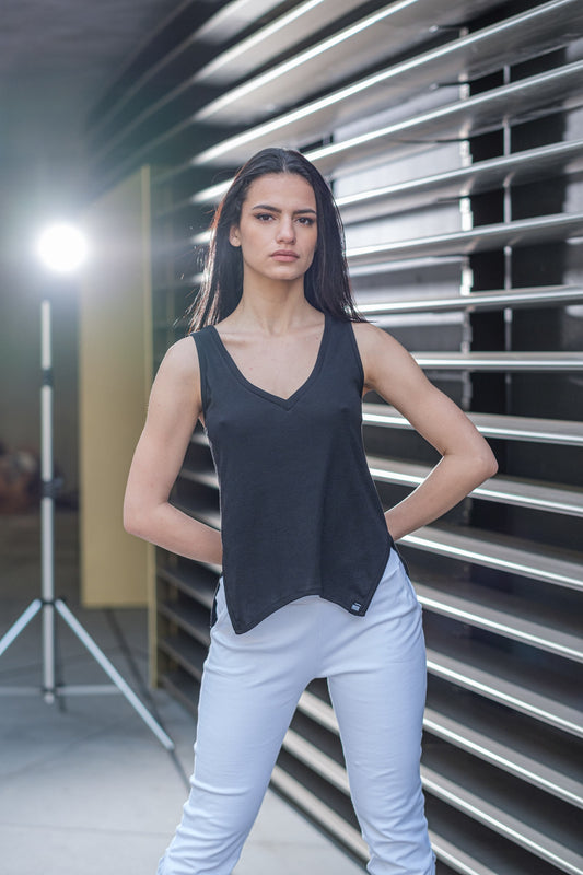 Black V Neck Sleeveless Top With Side Splits