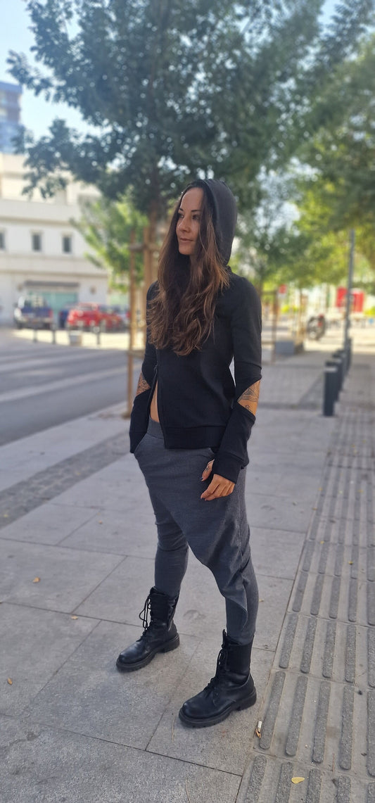 Black Asymmetric Long Sleeves Hooded Sweatshirt