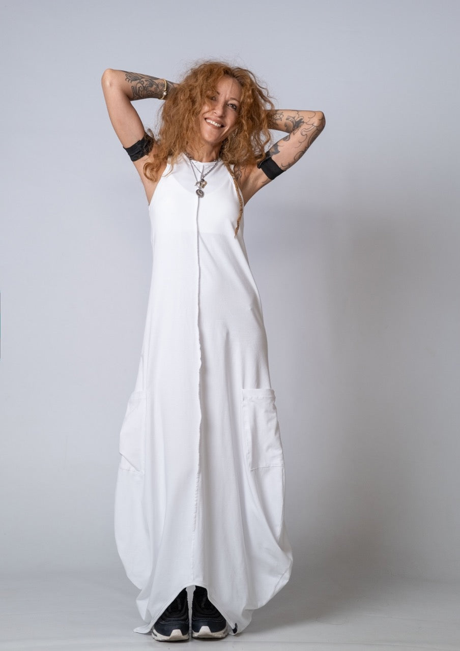 Moving Meditation: White Loose Maxi Dress with Pockets