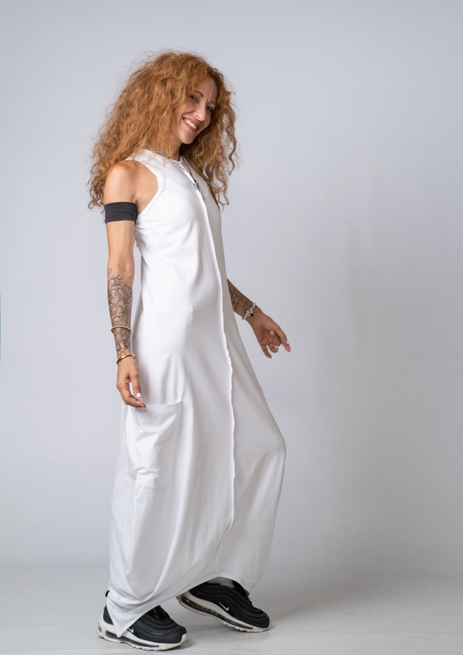 Moving Meditation: White Loose Maxi Dress with Pockets