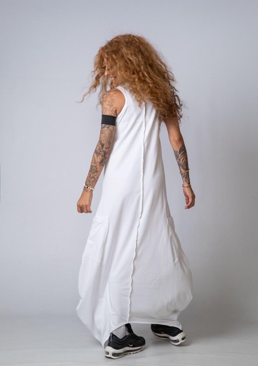 Moving Meditation: White Loose Maxi Dress with Pockets