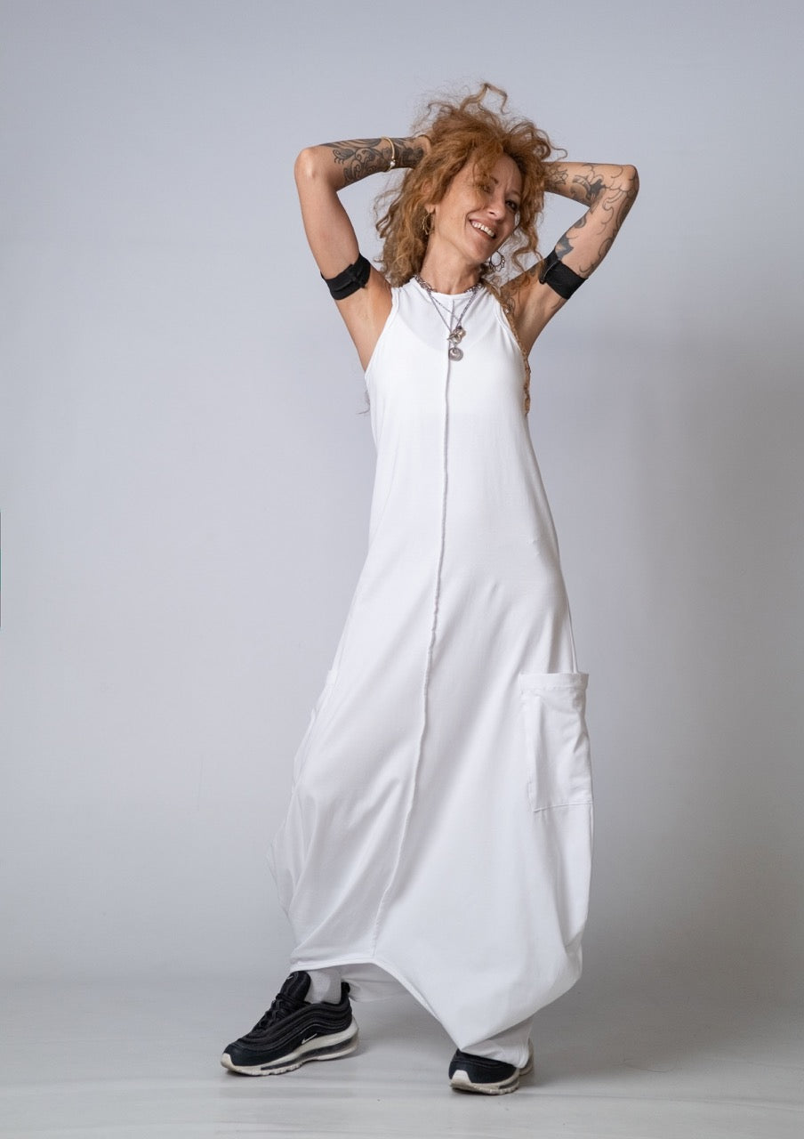 Moving Meditation: White Loose Maxi Dress with Pockets