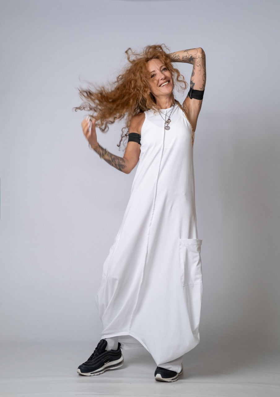 Moving Meditation: White Loose Maxi Dress with Pockets
