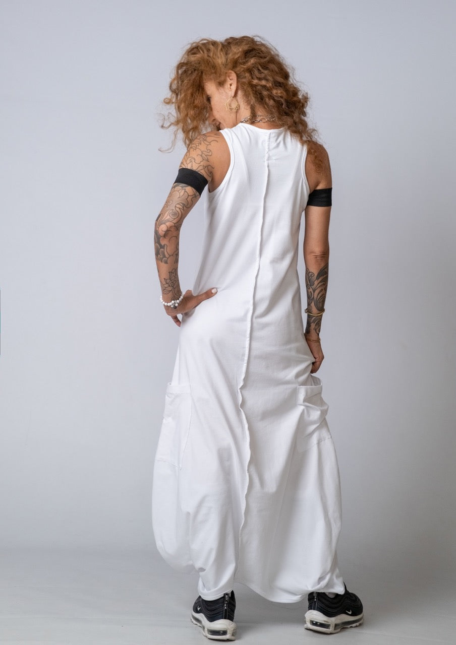 Moving Meditation: White Loose Maxi Dress with Pockets