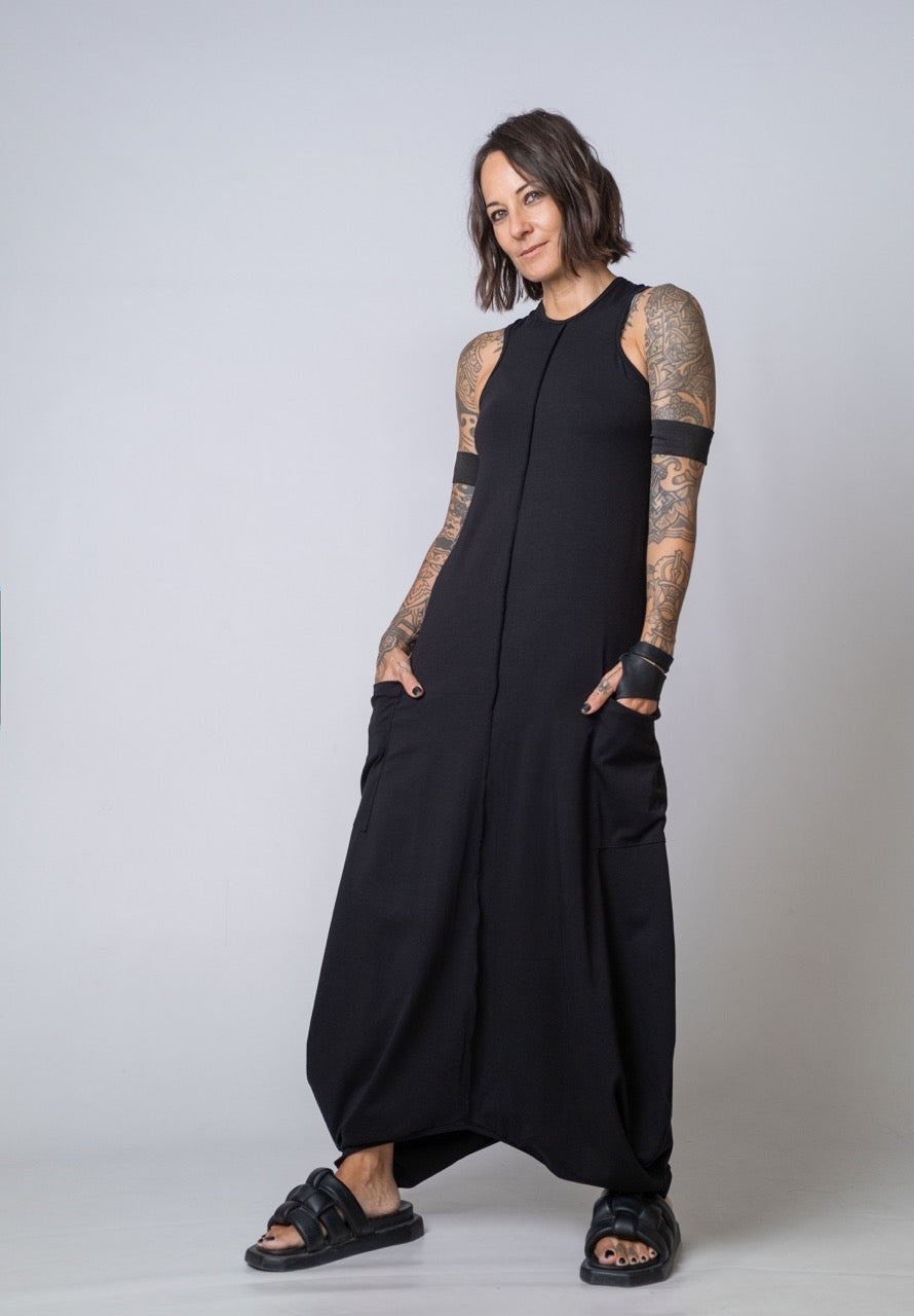Moving Meditation: Black Loose Maxi Dress with Pockets