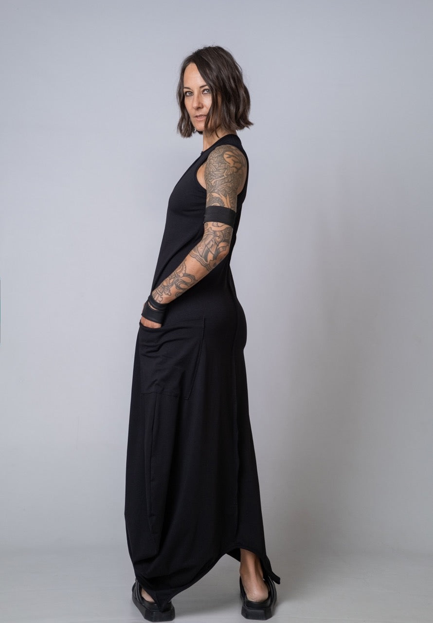 Moving Meditation: Black Loose Maxi Dress with Pockets