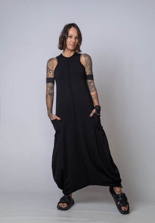 Moving Meditation: Black Loose Maxi Dress with Pockets