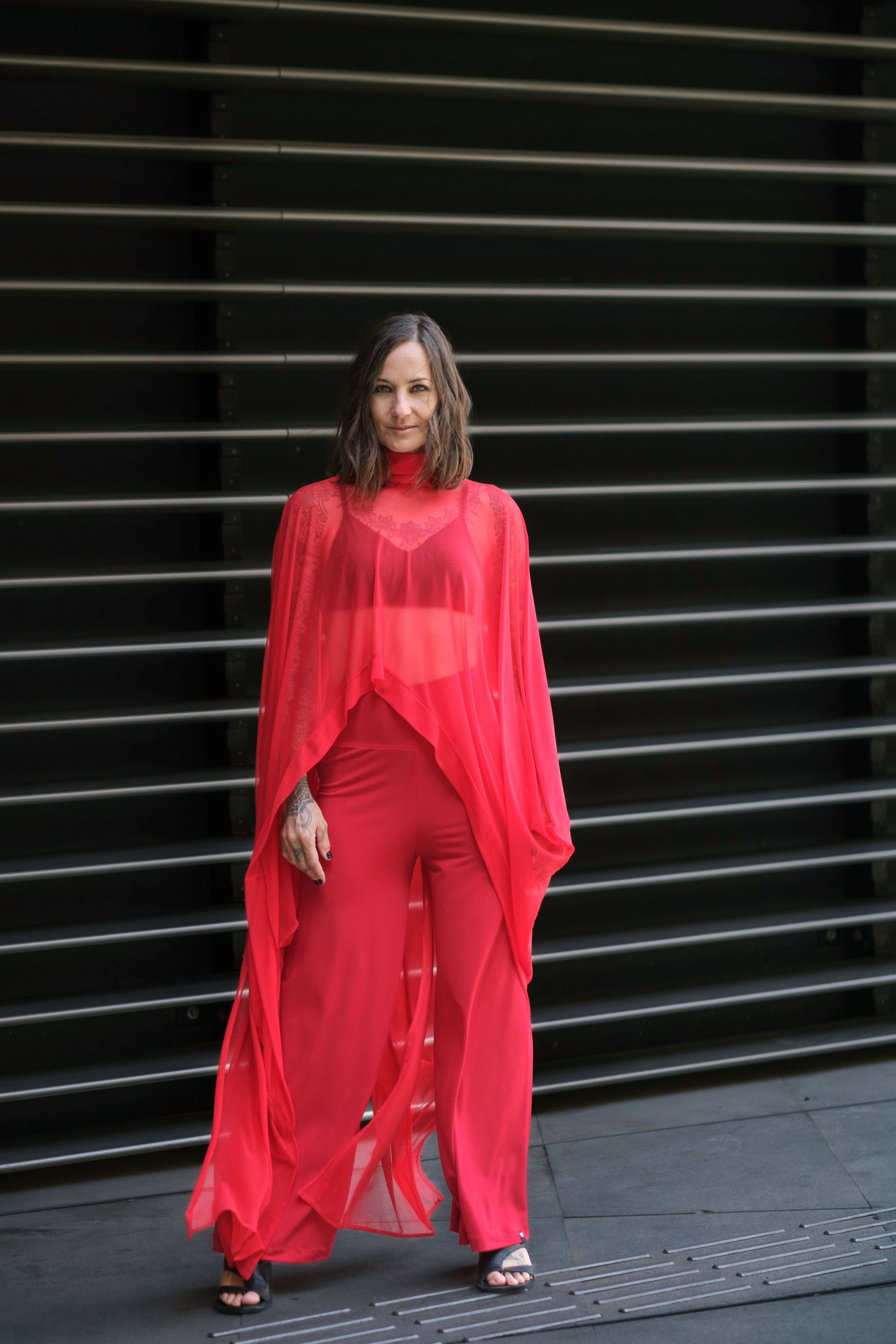 Fire Red Sheer Cape Tunic
