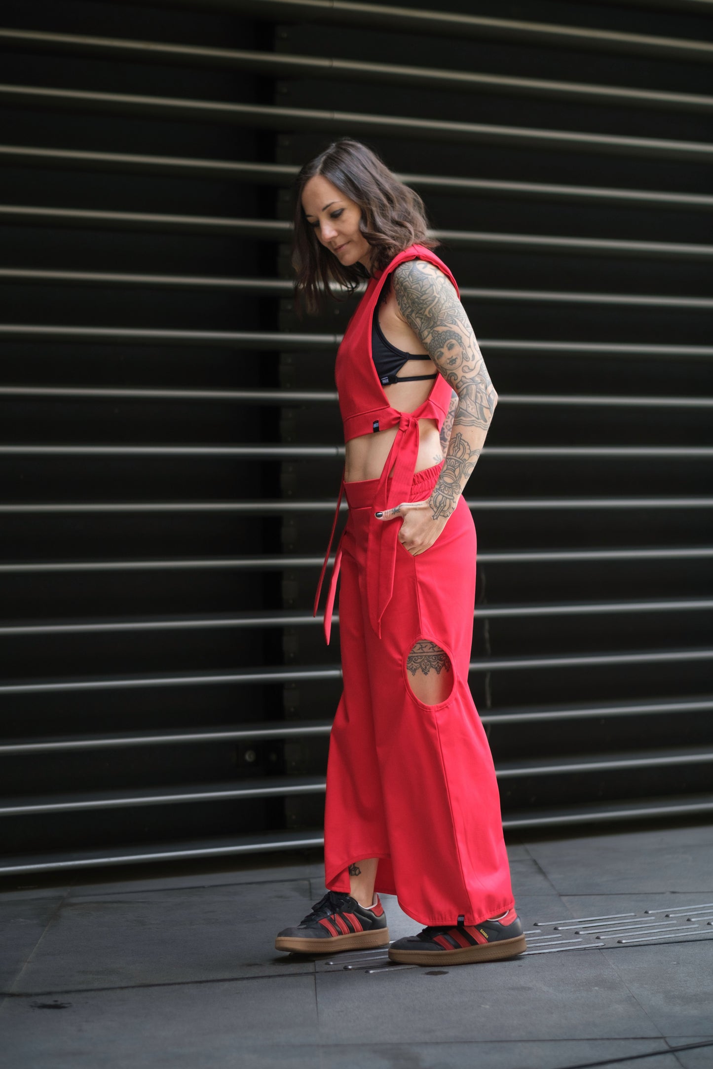 The Freya Futuristic Shoulder Pad Top in Fire Red