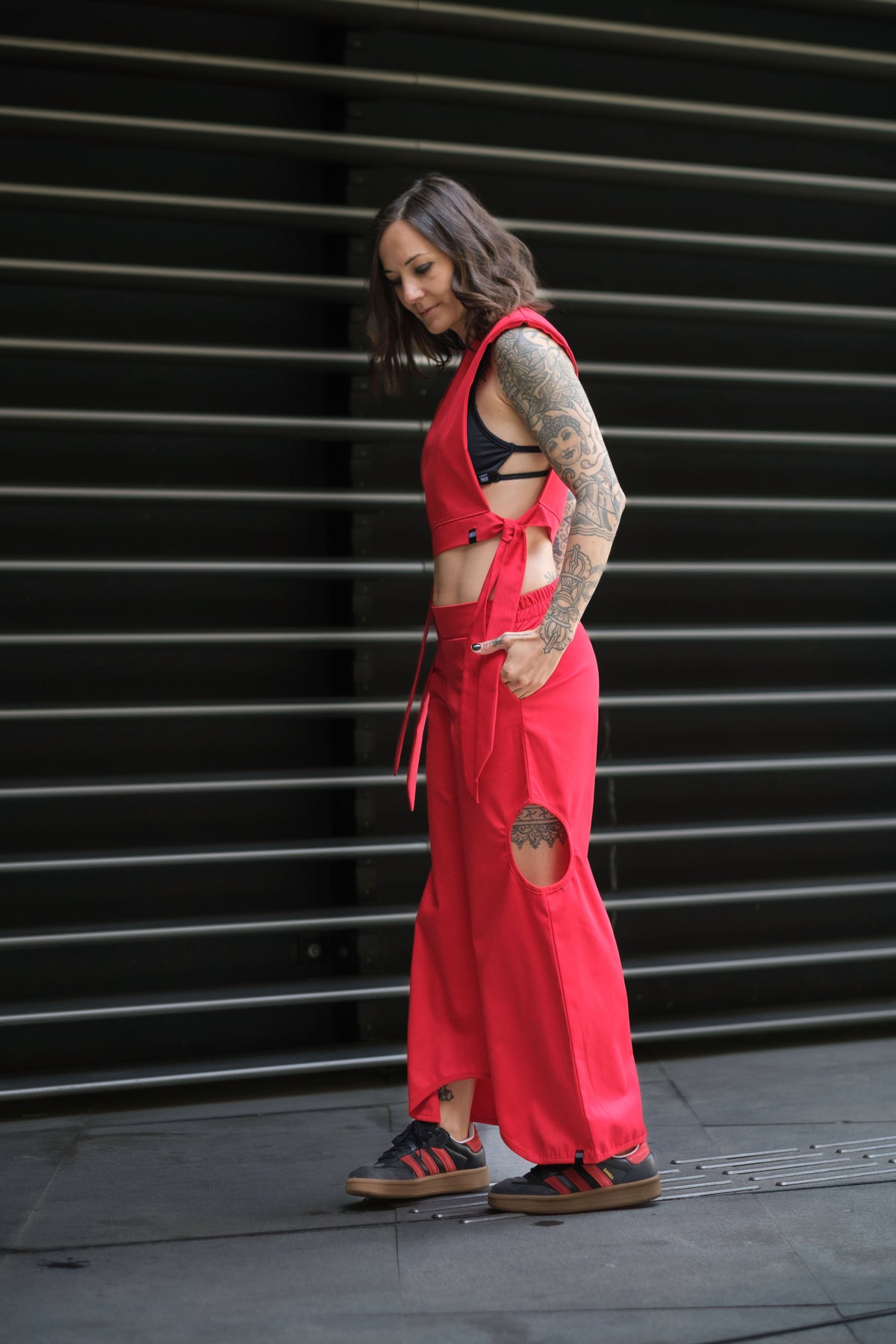 The Freya Futuristic Shoulder Pad Top in Fire Red
