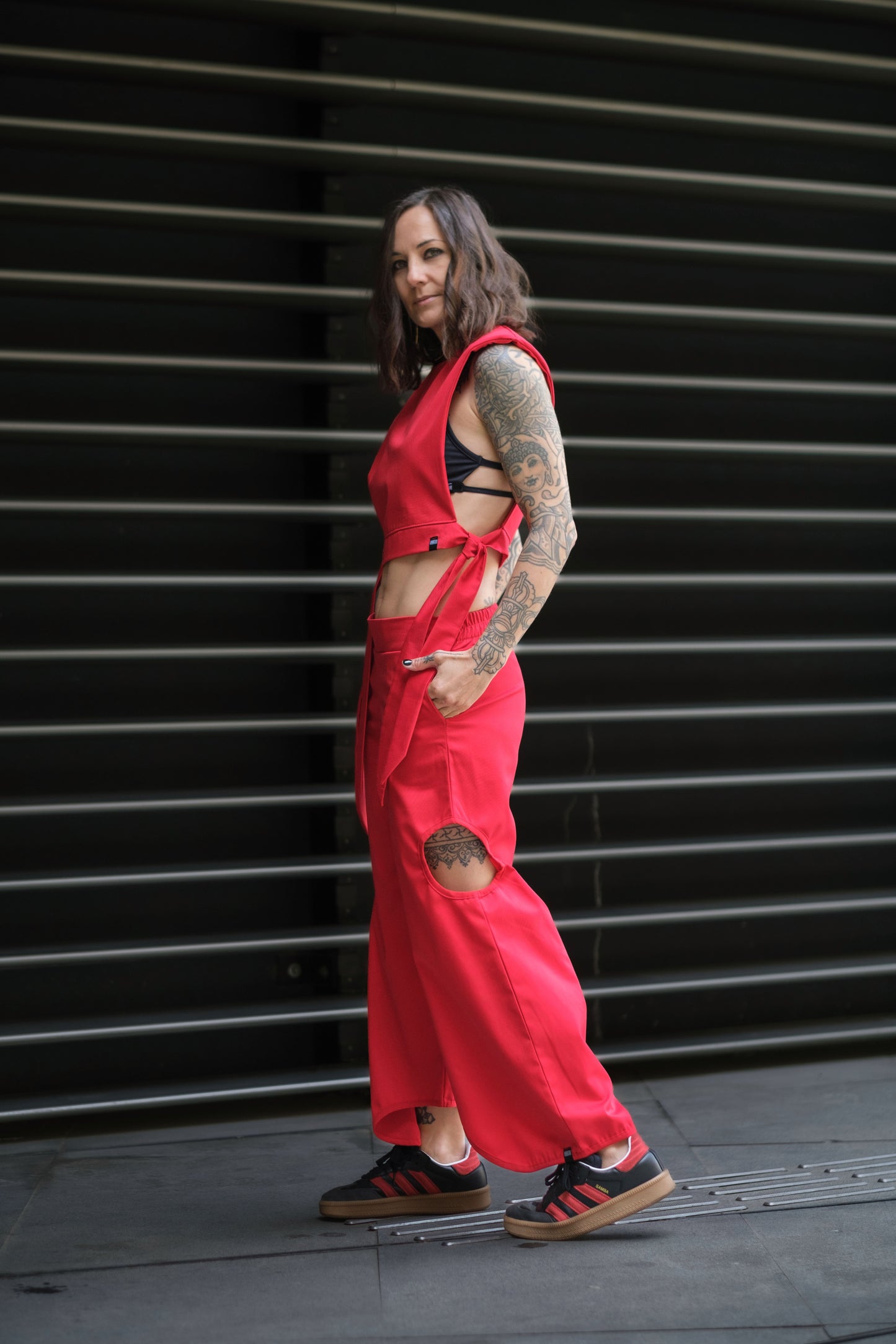 The Freya Futuristic Shoulder Pad Top in Fire Red