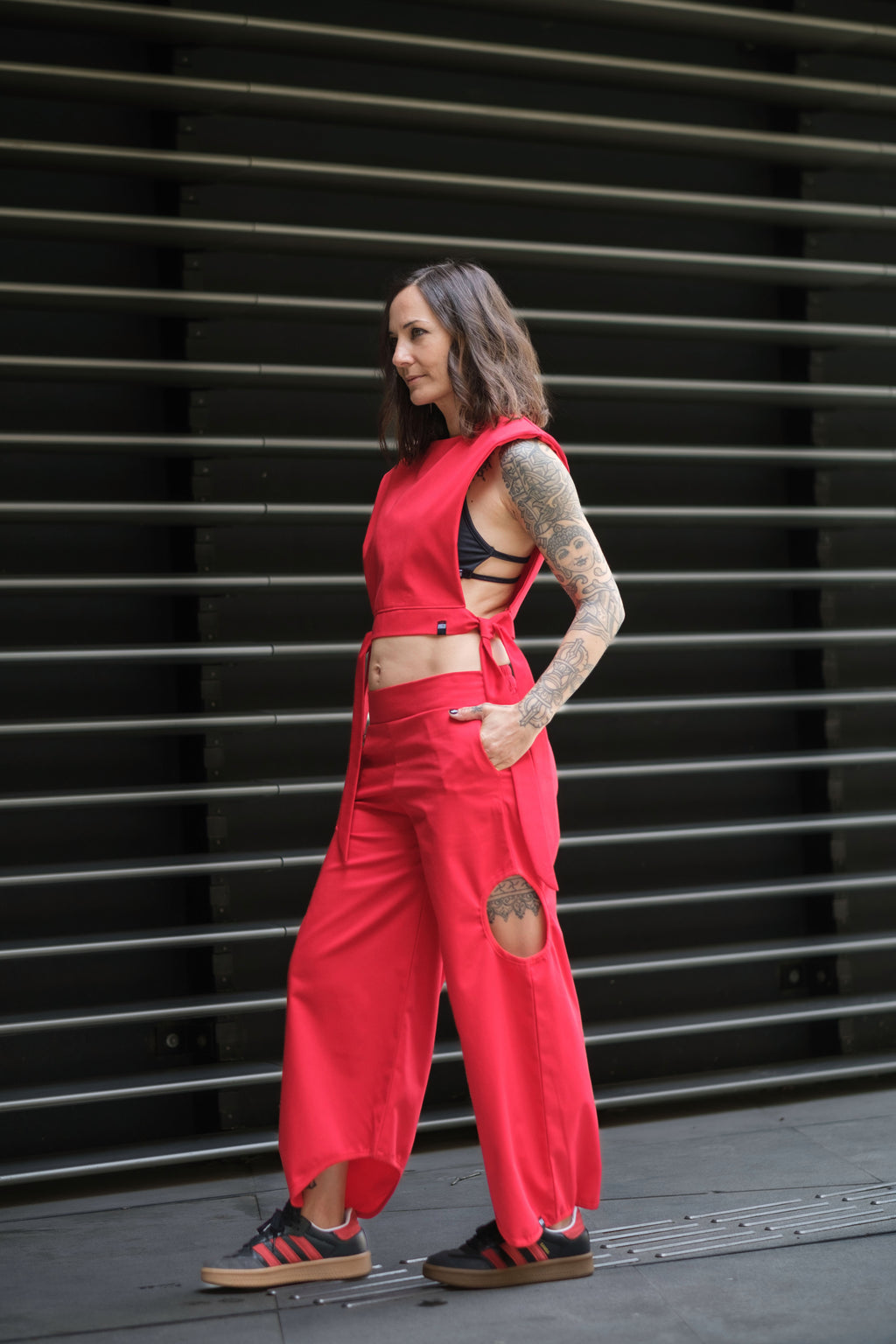 The Freya Futuristic Shoulder Pad Top in Fire Red