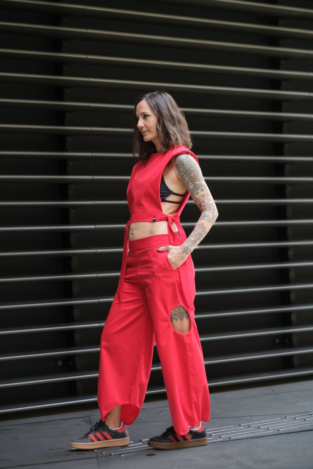 The Freya Futuristic Shoulder Pad Top in Fire Red