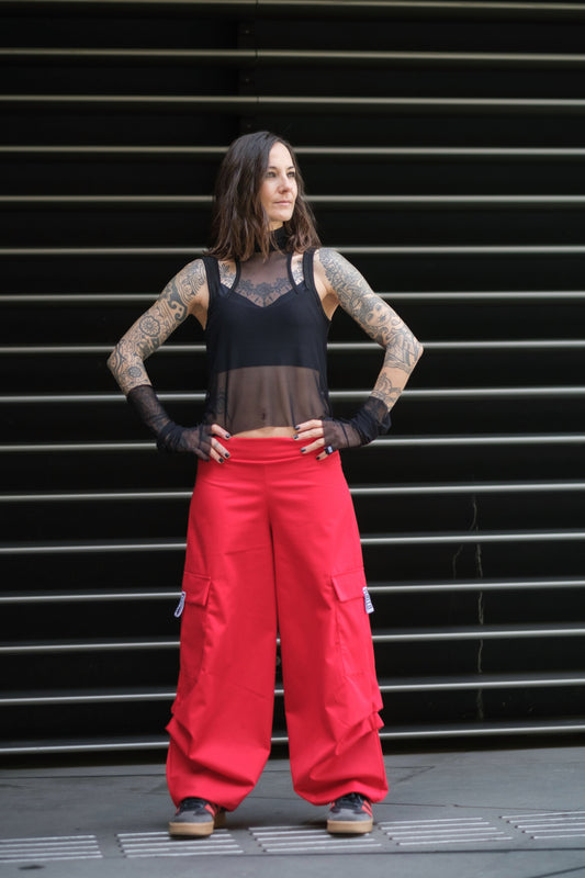 The Brat Wide Leg Cargo Pants in Fire Red