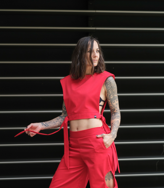 The Freya Futuristic Shoulder Pad Top in Fire Red