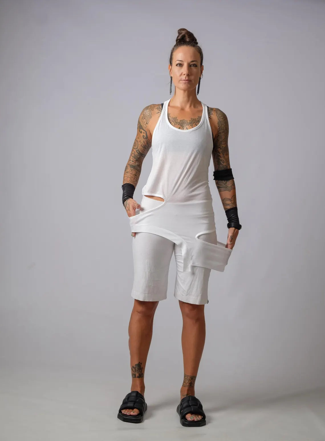 Asymmetric Cotton Cut Out Top / Racer Back Tank Top / Basic Casual Summer Top / Edgy Sleeveless Top / White Fitted Long Top