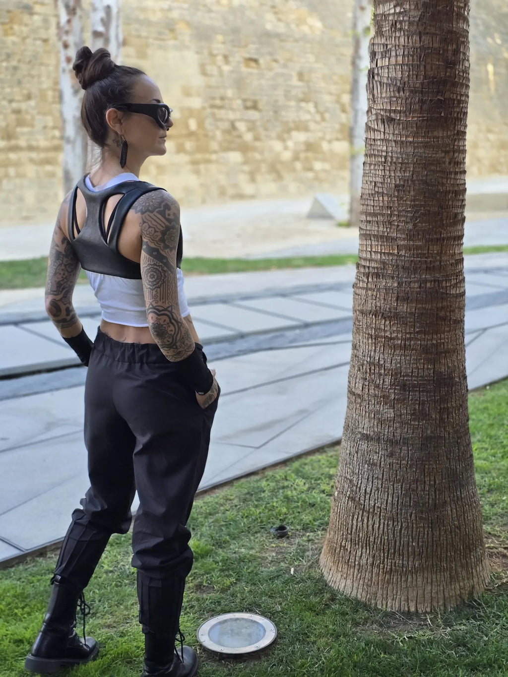 Tech Wear Crop Top Vest in Black Faux Leather