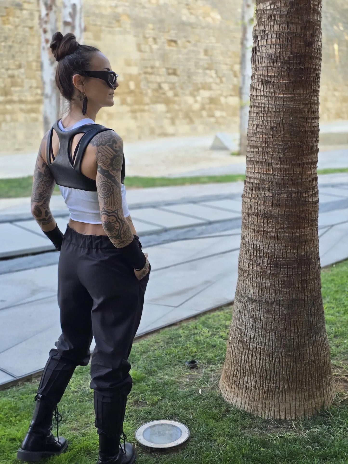 Tech Wear Crop Top Vest in Black Faux Leather