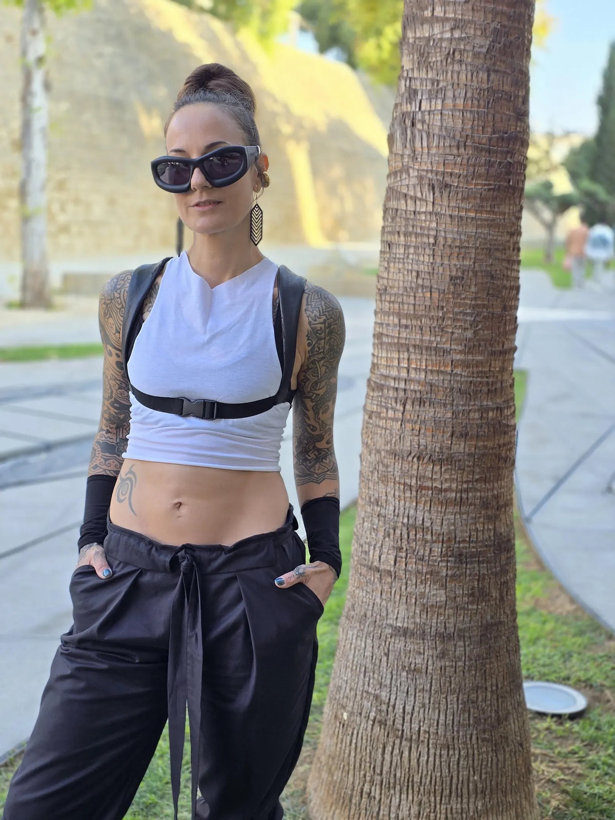 Tech Wear Crop Top Vest in Black Faux Leather