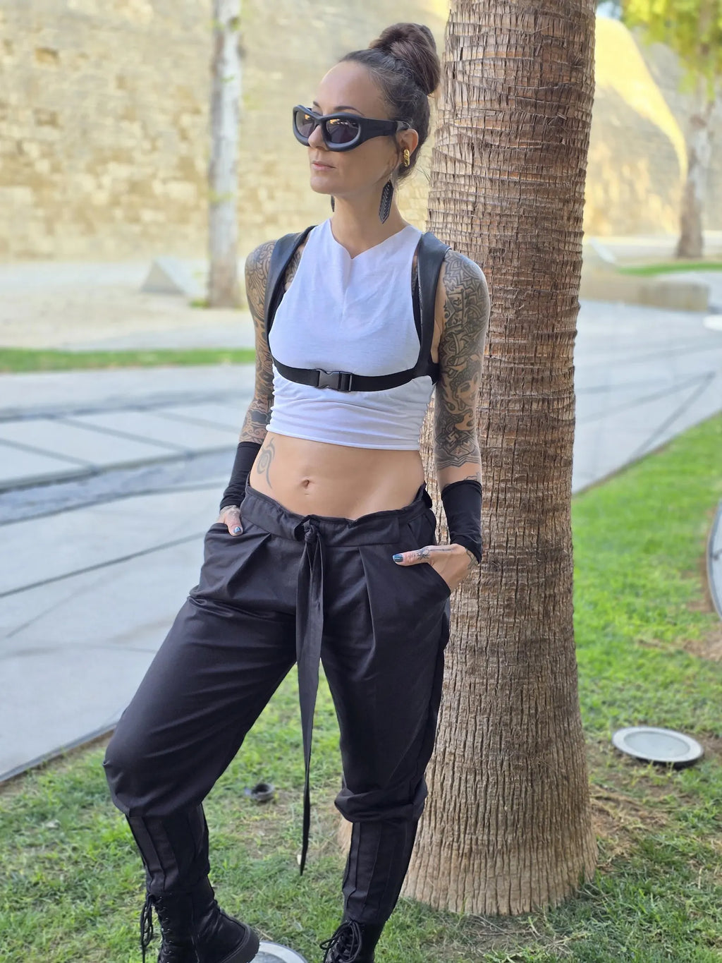 Tech Wear Crop Top Vest in Black Faux Leather