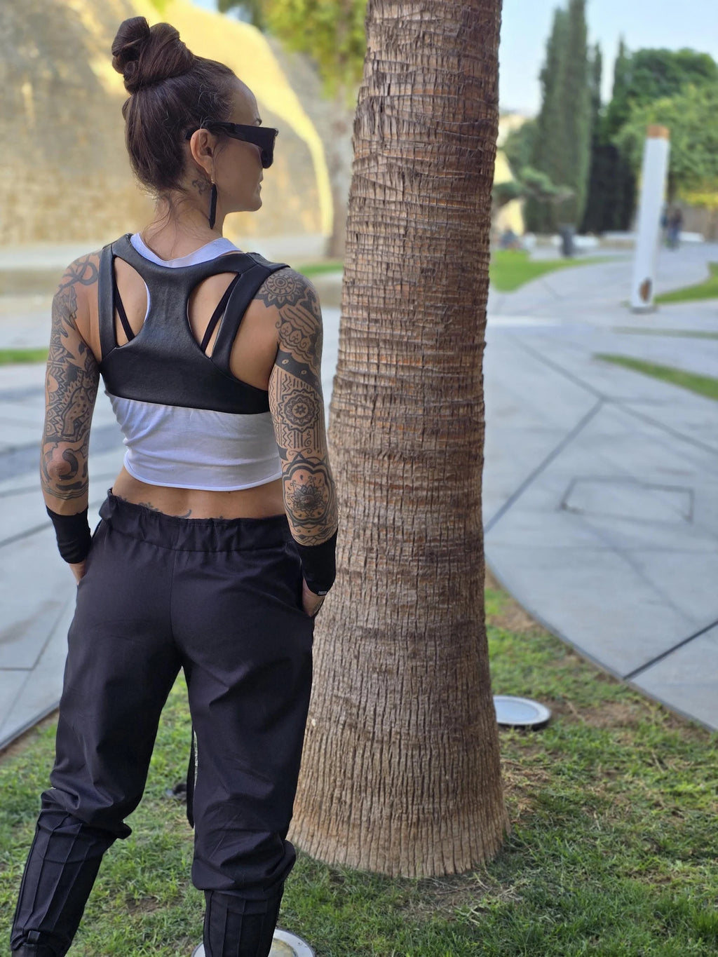 Tech Wear Crop Top Vest in Black Faux Leather
