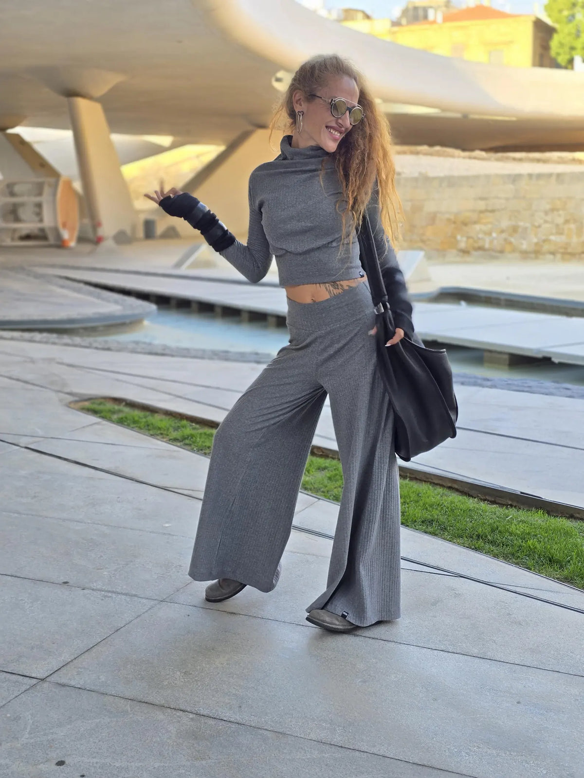 Gray Plain Stretchy High Waist Pants