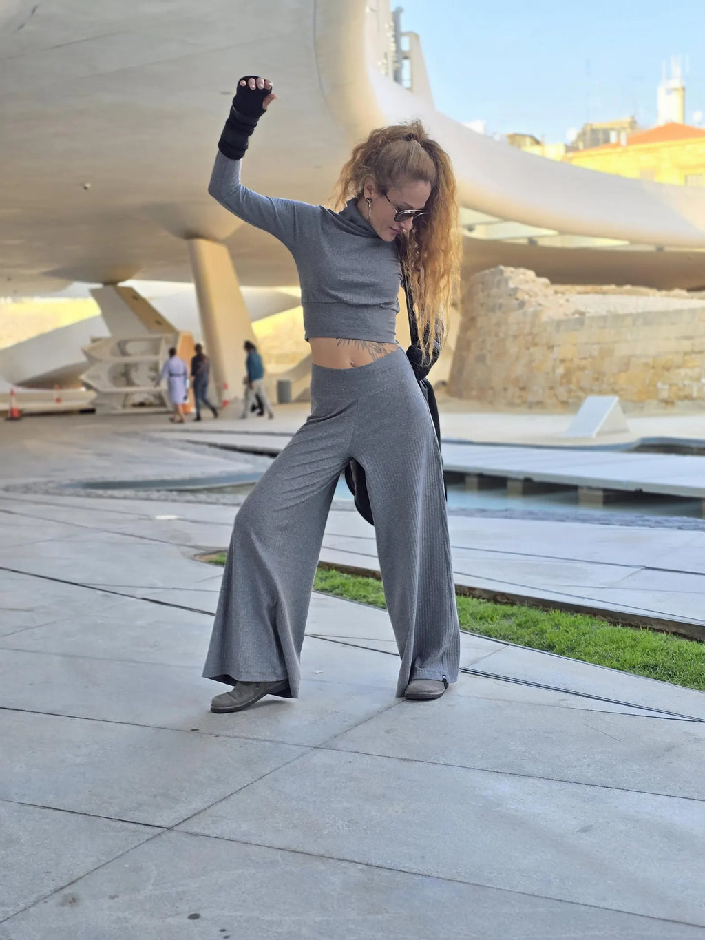 Gray Plain Stretchy High Waist Pants