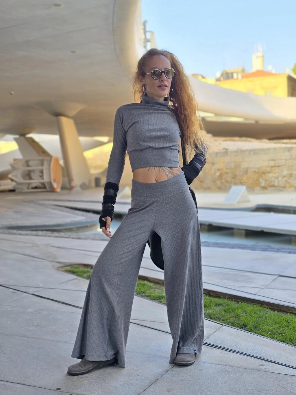 Gray Plain Stretchy High Waist Pants