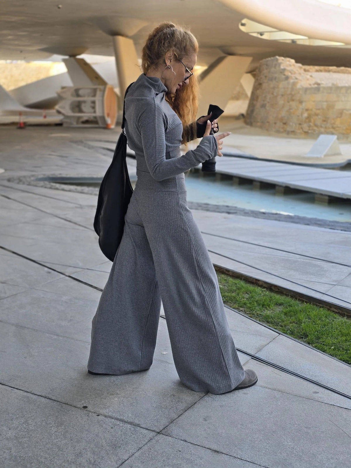 Gray Plain Stretchy High Waist Pants