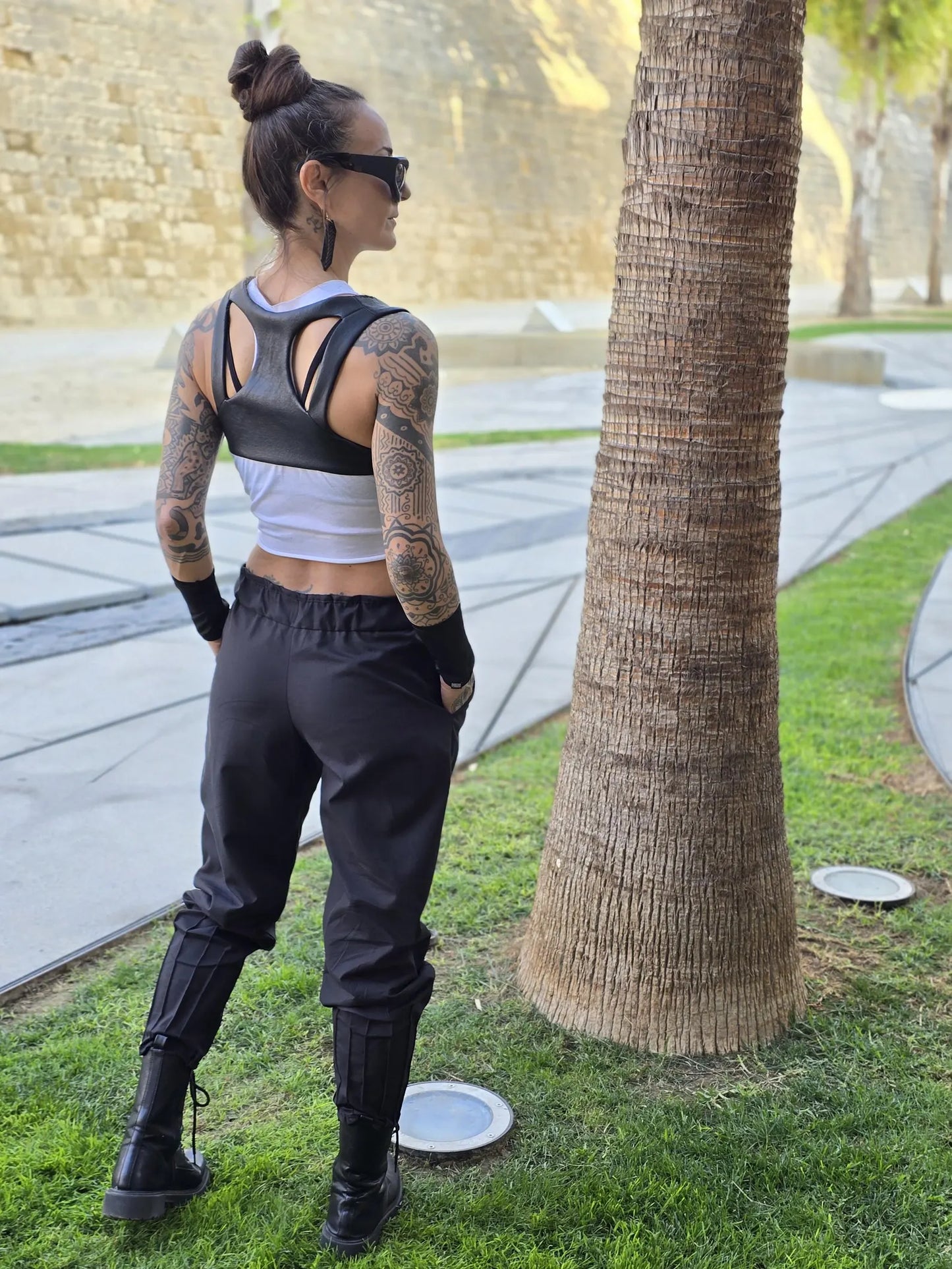 Tech Wear Crop Top Vest in Black Faux Leather