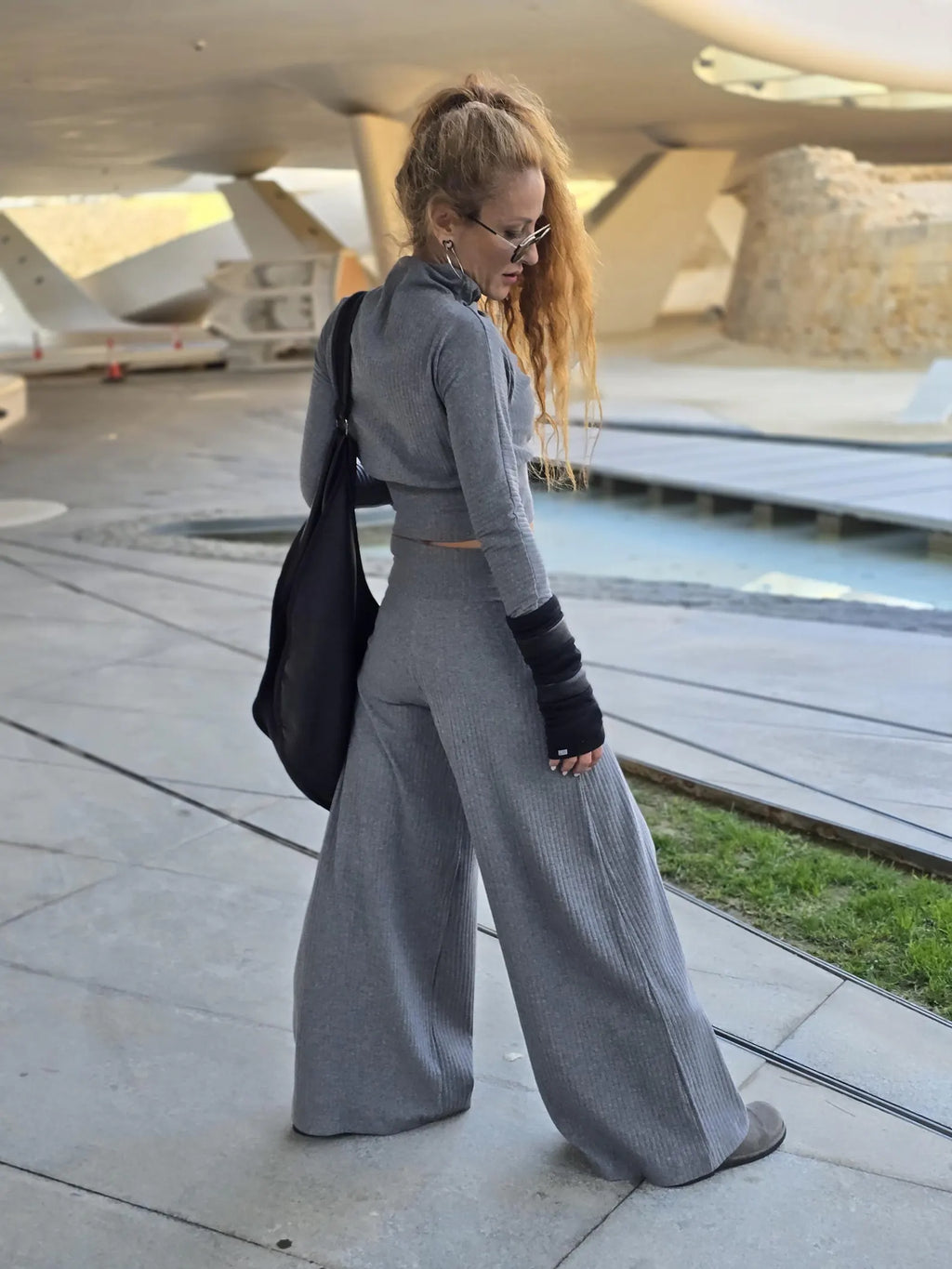 Gray Plain Stretchy High Waist Pants