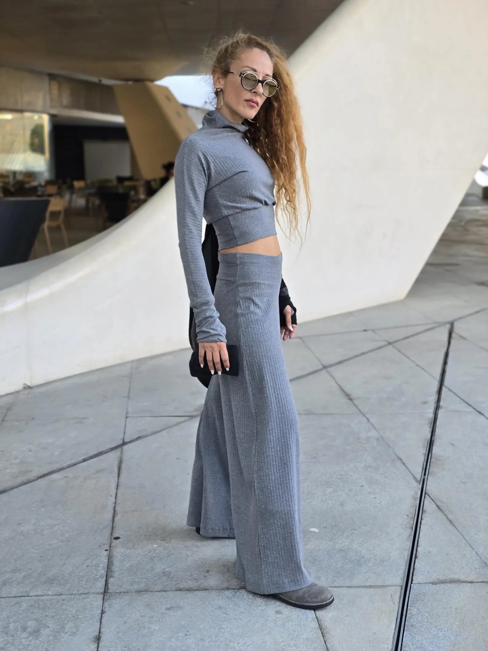 Gray Plain Stretchy High Waist Pants