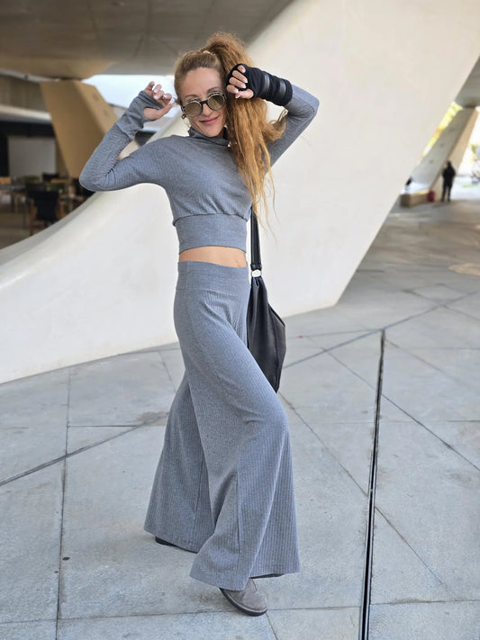 Gray Plain Stretchy High Waist Pants