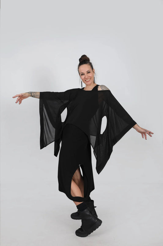 Extravagant Black Sheer Cape Tunic