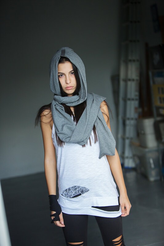 Long Hooded Scarf / Scarf with Hood / Futuristic Women's Scarf / Winter Scarf