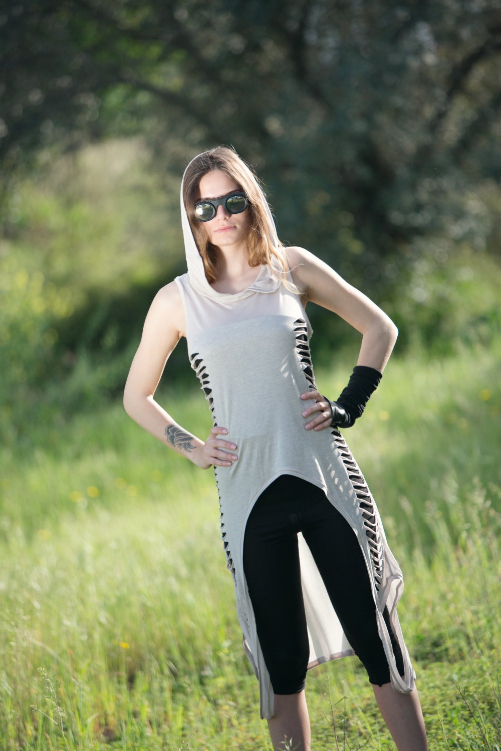 Asymmetric Ripped Hooded Top