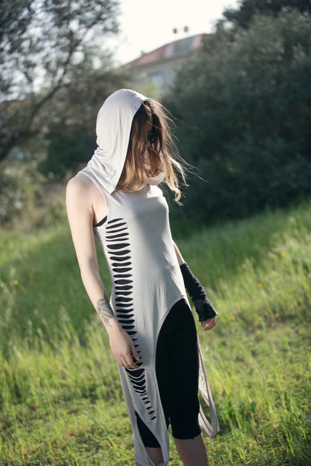 Asymmetric Ripped Hooded Top