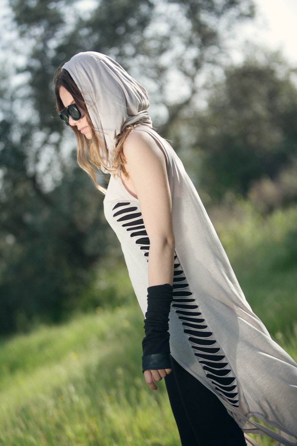 Asymmetric Ripped Hooded Top