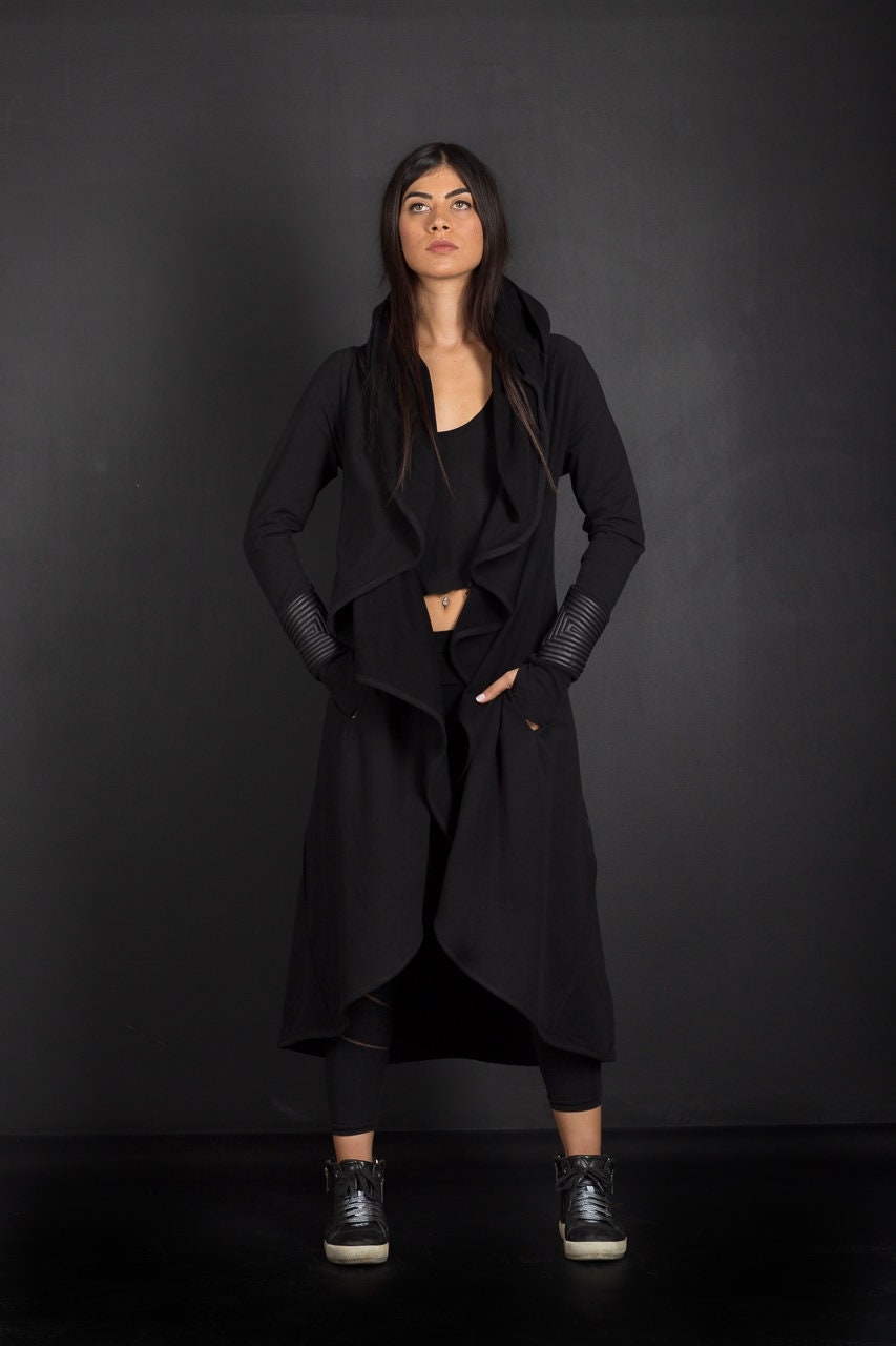 Black Cyberpunk Hooded Jacket / Futuristic Women's Cape / Post Apocalyptic Loose Cloak With Thumb Holes