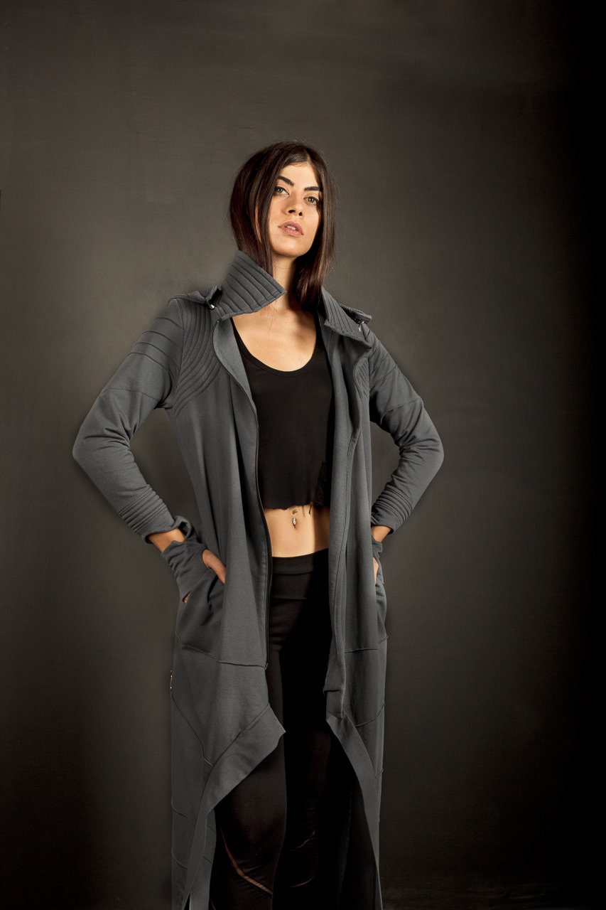 Cyberpunk Long Asymmetric Coat With Hood And Thumb Holes