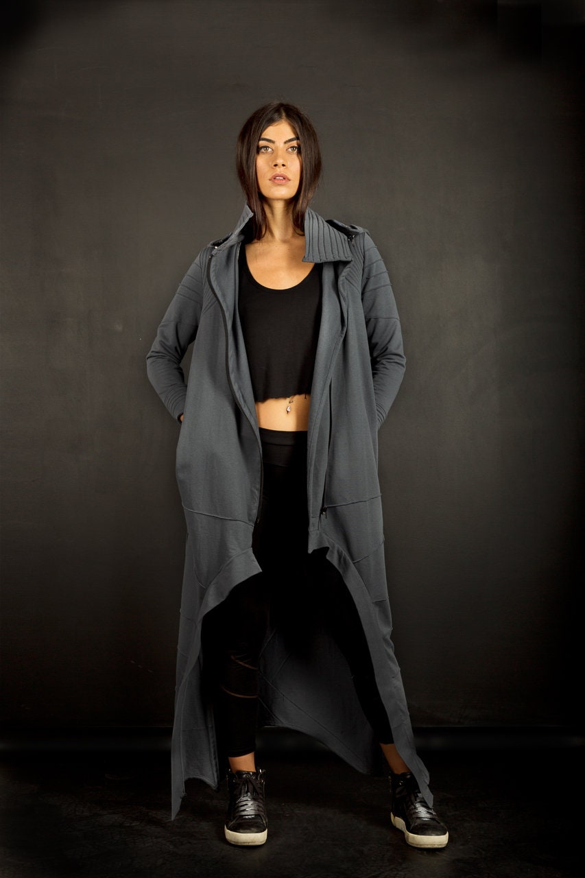 Cyberpunk Long Asymmetric Coat With Hood And Thumb Holes / Futuristic Fashion / Post Apocalyptic Clothing / Cotton Jacket