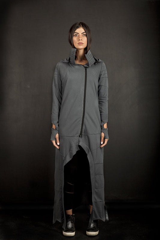 Cyberpunk Long Asymmetric Coat With Hood And Thumb Holes