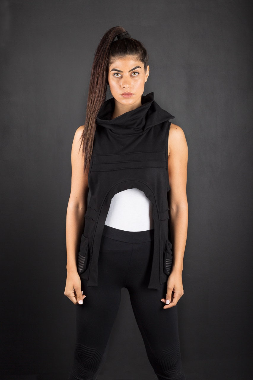 Asymmetric Cyber Vest with High Collar and Pockets / Post Apocalyptic Women's Vest / Edgy Sleeveless High Collar Sweater