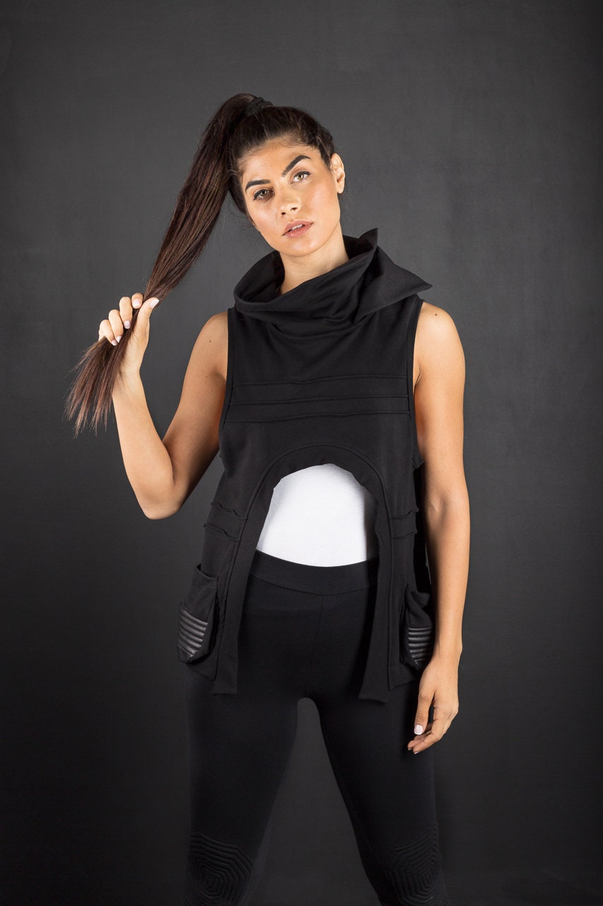 Asymmetric Cyber Vest with High Collar and Pockets