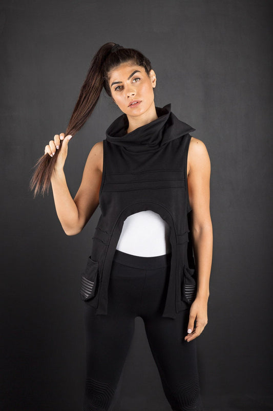 Asymmetric Cyber Vest with High Collar and Pockets