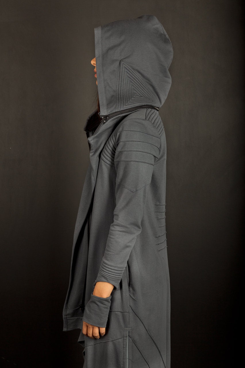 Cyberpunk Long Asymmetric Coat With Hood And Thumb Holes